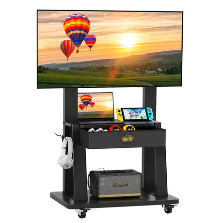 Mobile TV Cart with Drawer,for 23-75 inch Flat/Curved Screen Up to 120lbs,Adjustable Height Rolling TVs Floor Stand with 2 Tiers Shelves,Locking Wheel,for Indoor Outdoor,Max VESA 600x400mm,Black Aokitsink