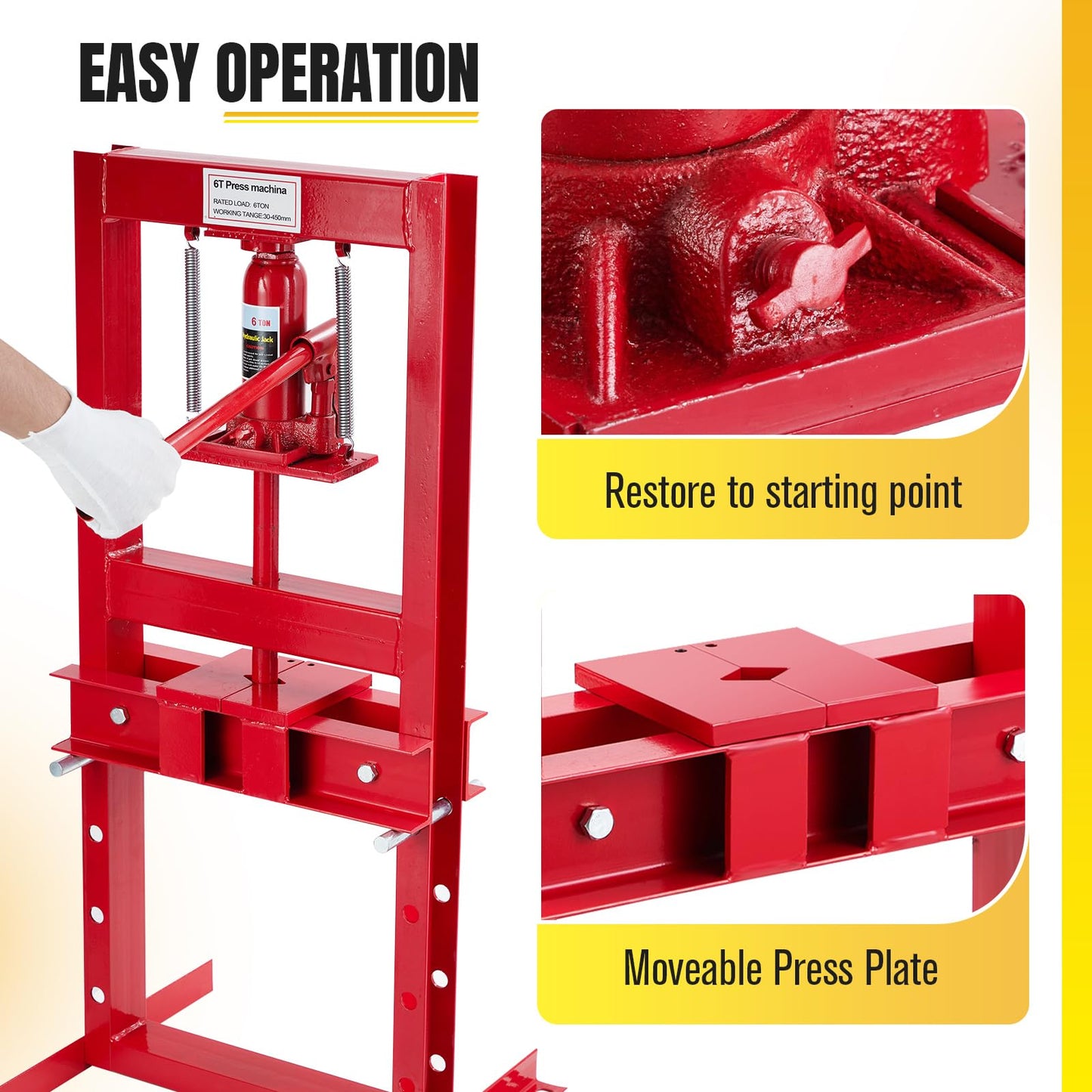 Garveetech 6 Ton Hydraulic Press, H-Frame Benchtop Hydraulic Shop Press, Garage Floor Press with 2 Press Plates, Adjustable Working Table Height, for Gears and Bearings, Red - WoodArtSupply