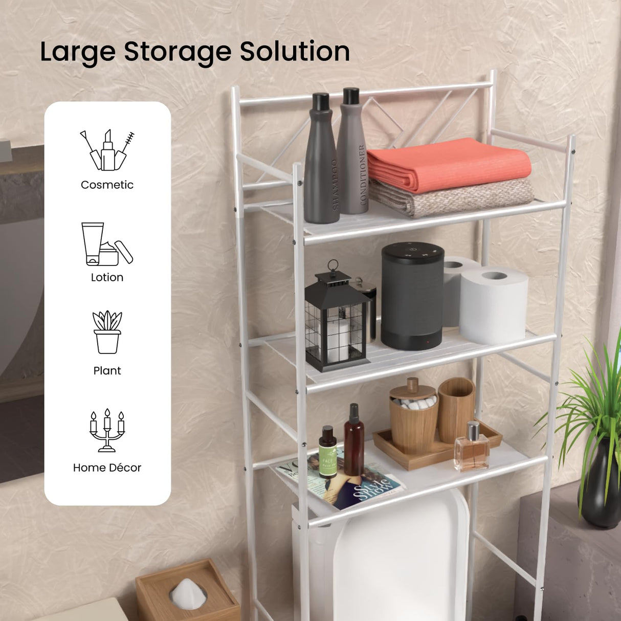 Home Zone Living Over The Toilet Bathroom Storage Organizer with 3 Tiers of Shelving Rack Space Home Zone Living