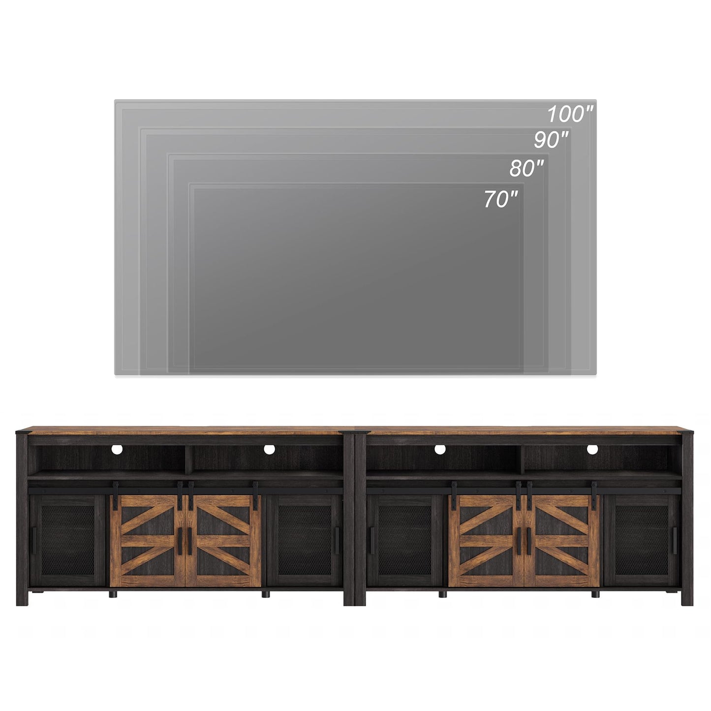 WAMPAT Set of 2 Farmhouse TV Stands with Mesh & Barn Doors for 100+ Inch TV, Antique Black & Brown 118" Entertainment Center with Open Storage Shelf, 2-in-1 Media Console for Living Room, Bedroom