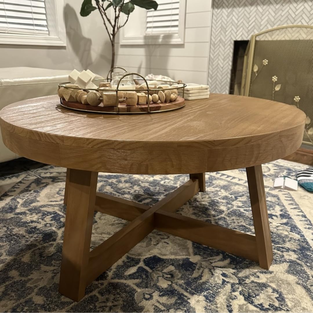 Plank+Beam Classic Round Coffee Table, 36" Farmhouse Coffee Table, Mini Center Tables for Small Spaces, Small Living Space Tea Table, Pecan Wirebrush Plank+Beam