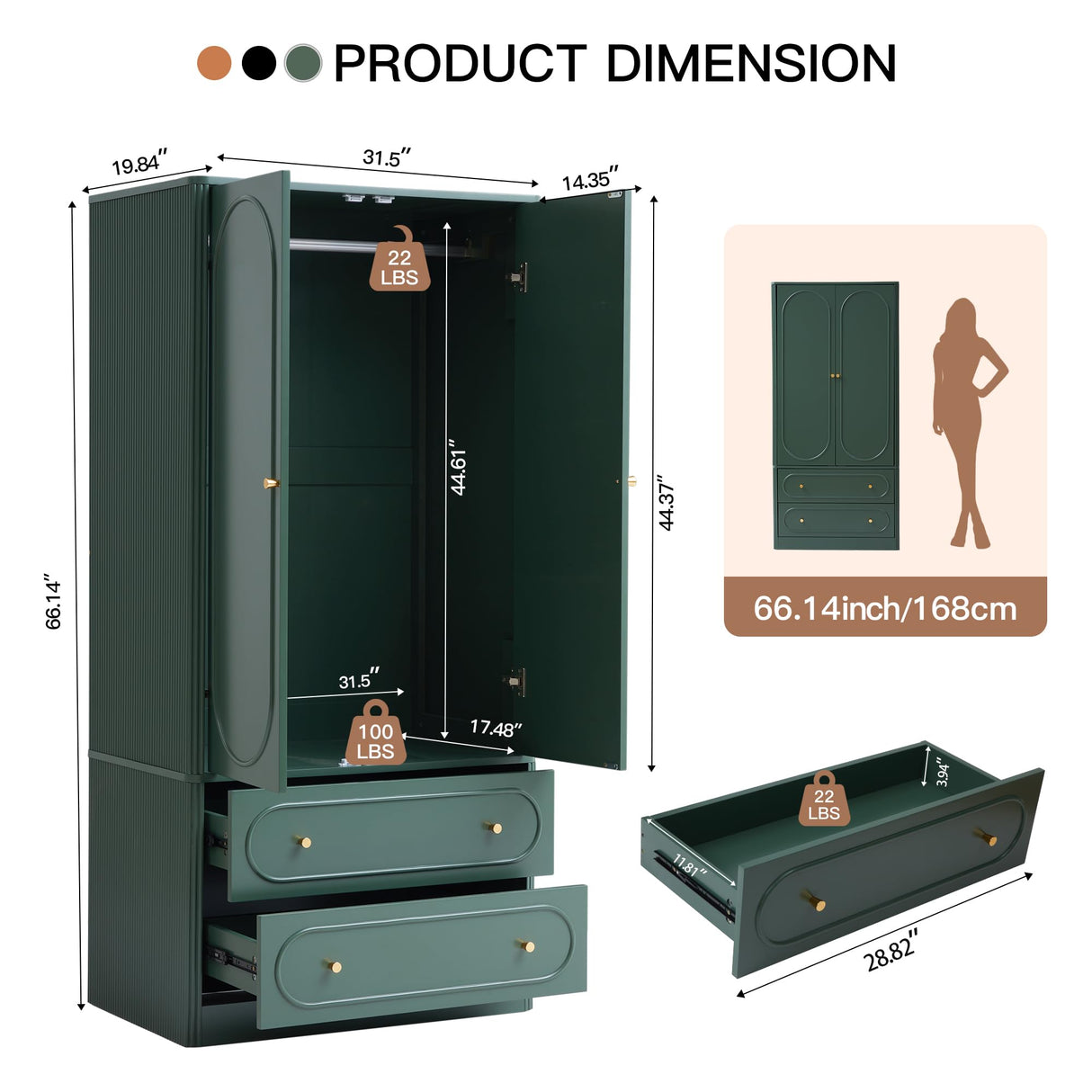 Fluted Freestanding Armoire Wardrobe Closet with 2 Doors and 2 Storage Drawers, Large Capacity Wardrobe Cabinet, Wooden Closet for Bedroom, Living Room - Green ORRD