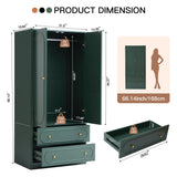 Fluted Freestanding Armoire Wardrobe Closet with 2 Doors and 2 Storage Drawers, Large Capacity Wardrobe Cabinet, Wooden Closet for Bedroom, Living Room - Green ORRD
