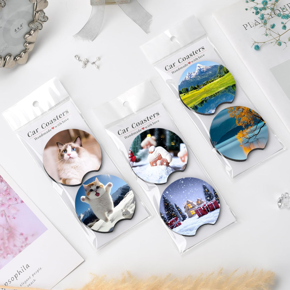 40Pcs Sublimation Blank Car Coasters Packaging for Selling,Include 20Pcs Circular 2.75 in/5mm Blank Sublimation Coasters,10Pcs Car Coasters Display Cards and 10Pcs Hanging Self-Sealing Bags Deobath