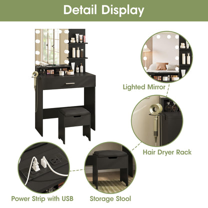 Vabches Makeup Vanity Table with Lighted Mirror & Power Strip, Vanity Set with Drawer Lots Storage, 3 Lighting Modes, Brightness Adjustable, 31.45 * 15.75 * 57.7in, Black