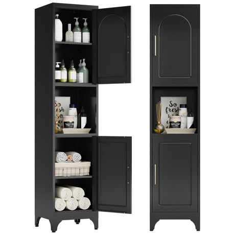 Kubohogar 75" Tall Bathroom Storage Cabinet, Metal Bathroom Floor Cabinet with Doors, Open Space, Adjustable Shelves，Freestanding Narrow Cabinets for Kitchen, Living Room, Laundry, Black Kubohogar