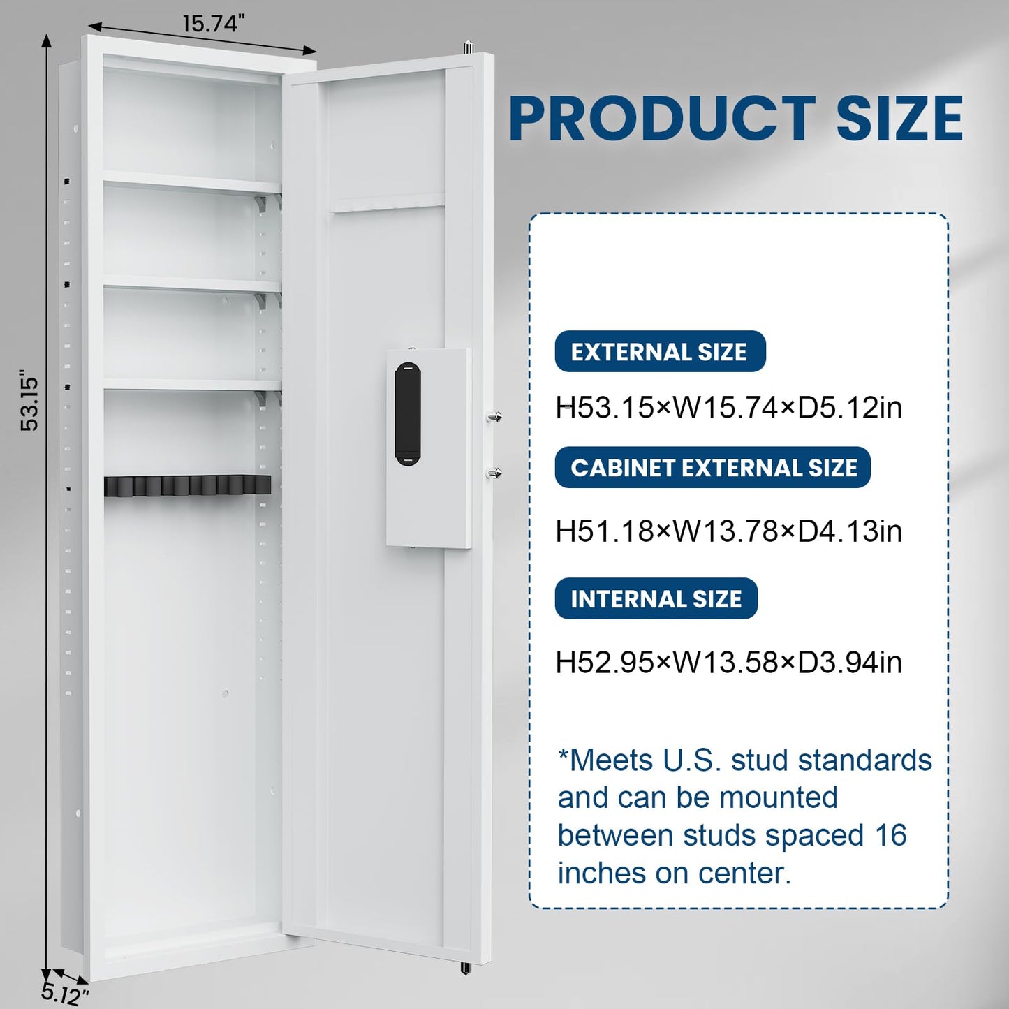 53.15" Tall Wall Safe Between the Studs 16" Centers, Hidden Wall Safes With Removable shelfs and Adjustable Gun Rack, Biometric Wall Gun Safe for Home Rifle, Cash, Jewelry, Documents - White