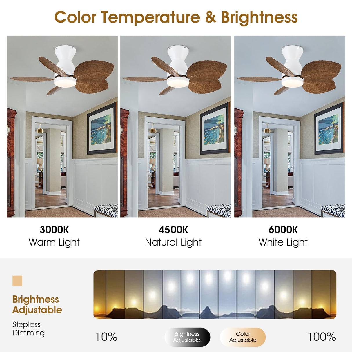 Kviflon 30 Inch Ceiling Fans with Lights, Indoor Outdoor Tropical Ceiling Fan with Remote/APP Control, Flush Mount Palm Leaf Ceiling Fan Light for Bedroom, 6 Speeds, Dimmable - Wood Grain Kviflon