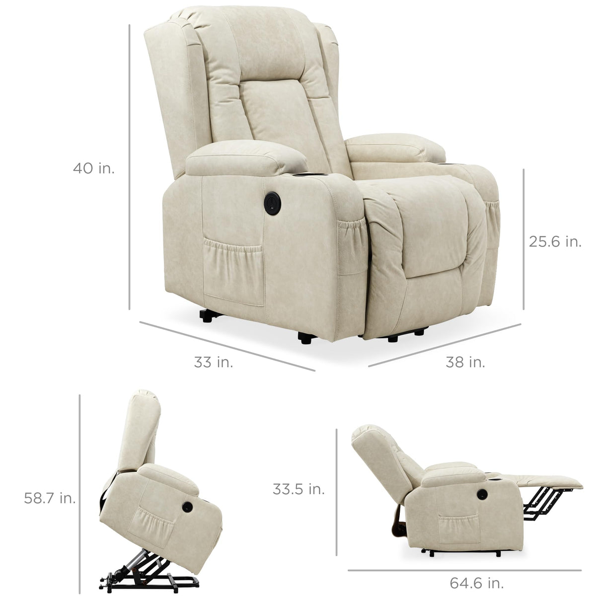 Best Choice Products PU Leather Electric Power Lift Chair, Recliner Massage Chair, Adjustable Furniture for Back, Legs w/ 3 Positions, USB Port, Heat, Cupholders, Easy-to-Reach Side Button - Beige Best Choice Products