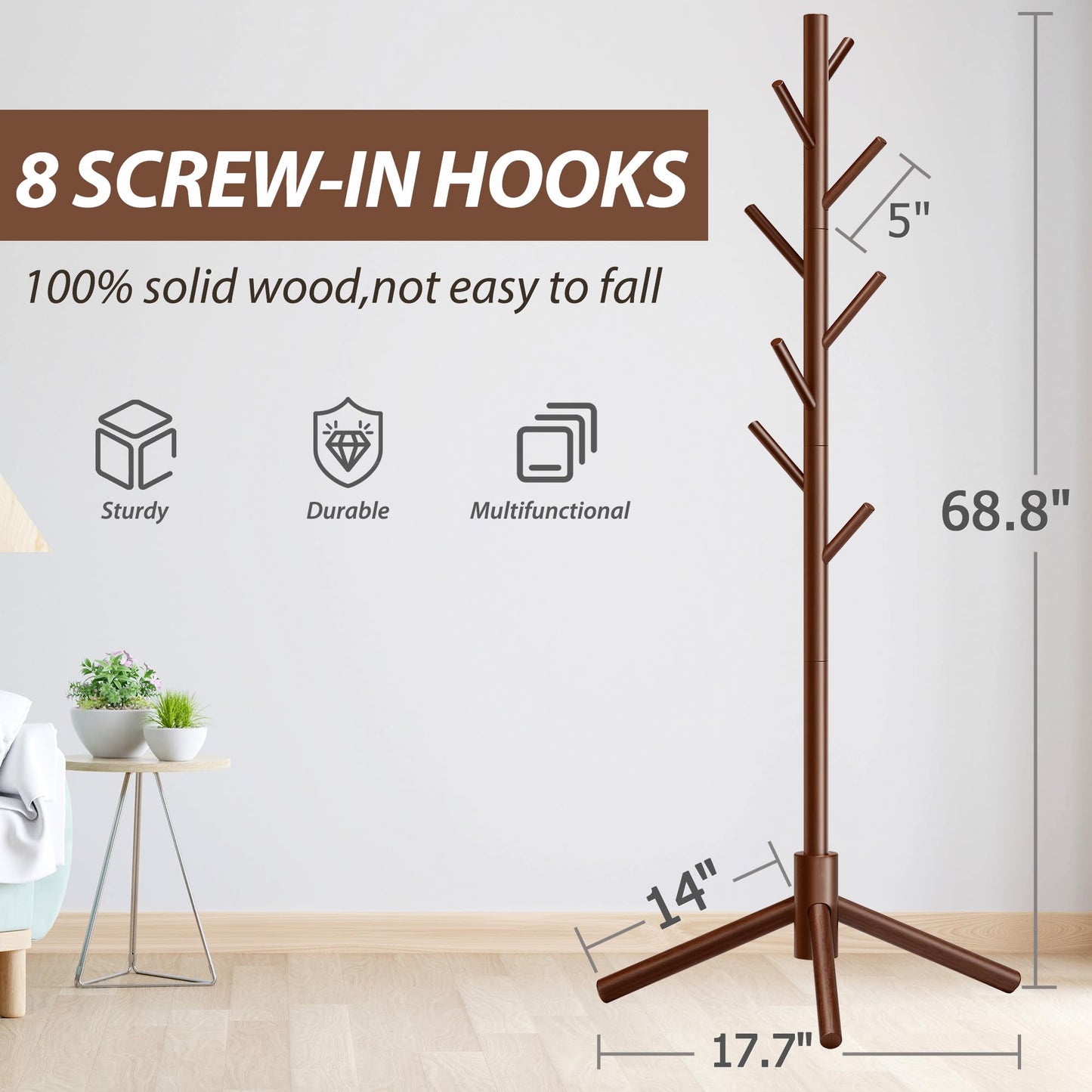 Unisakey Durable Wooden Coat Rack, Freestanding Coat Rack with Stable Triangular Base, 8 Hooks & 3 Adjustable Heights, Simple Assembly for Bedroom, Hallway, Office(New Brown)