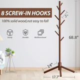 Unisakey Durable Wooden Coat Rack, Freestanding Coat Rack with Stable Triangular Base, 8 Hooks & 3 Adjustable Heights, Simple Assembly for Bedroom, Hallway, Office(New Brown) Unisakey