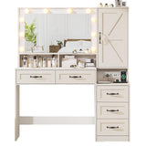 DINGIPP Farmhouse Vanity Desk with Mirror and 10 Led Lights, 45.3" Large Makeup Vanity Table with Power Outlet, 5 Drawers and 1 Cabinet, Vanity Set Dressing Table with 9 Hooks for Women Girls (White) DINGIPP