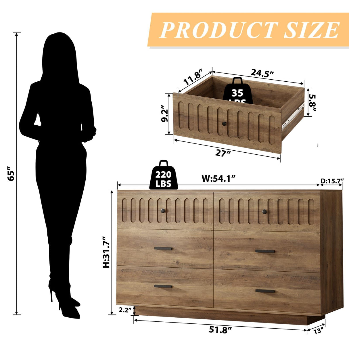 IBF Farmhouse Dresser for Bedroom Modern 6 Drawer Dresser Fluted Chest of Drawers Large Wood Closet Dressers with Anti-Tipping Design for Bedroom, Living Room, Hallway, Entryway, Nursery, Rustic Oak IBF