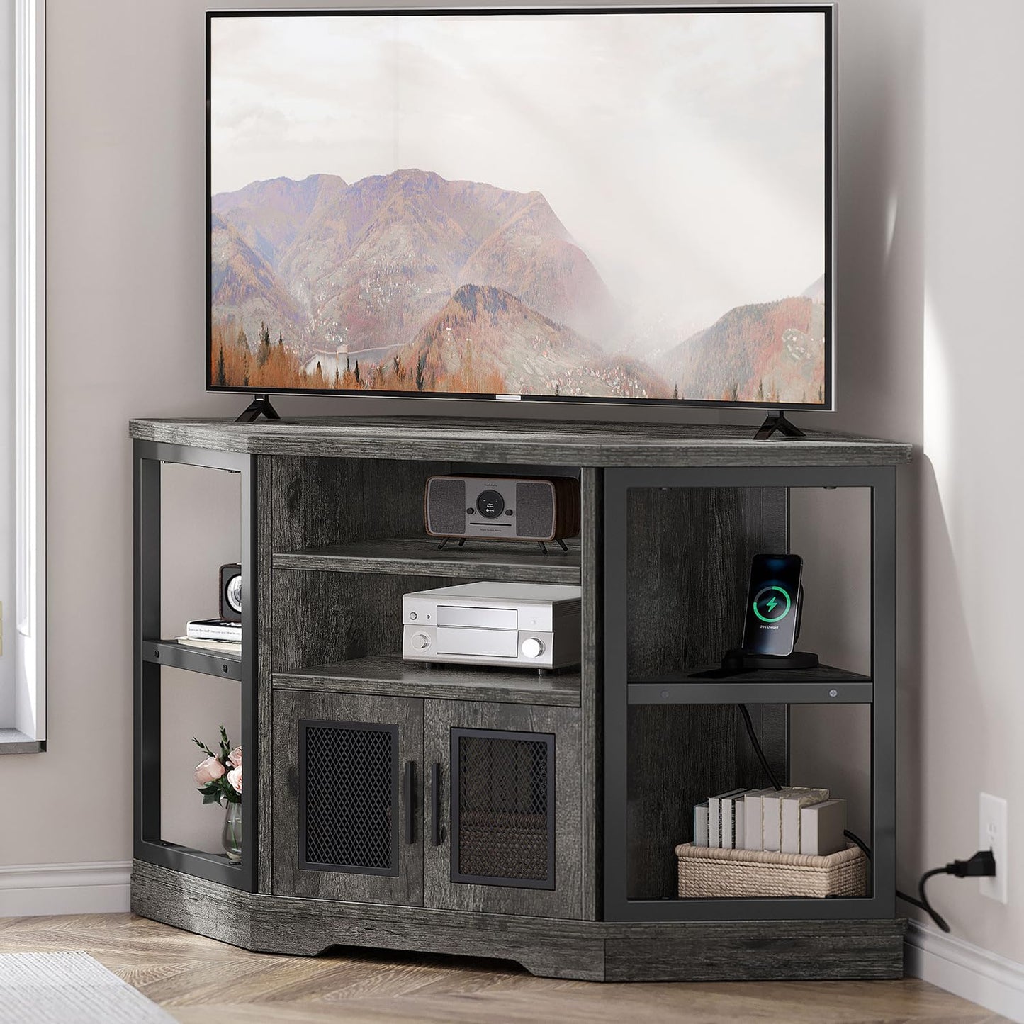 YITAHOME Corner TV Stand for TVs up to 55 Inch with Power Outlet, Modern Farmhouse Entertainment Center, Wood TV Media Console with Storage Cabinets Shelves for Living Room Bedroom, Gray Oak - WoodArtSupply