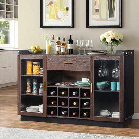 Karl home Farmhouse Wine Bar Cabinet, Liquor Cabinet Bar for Home, Kitchen Coffee Table with Storage, 55" Home Wine Stand for Kitchen, Living Room, Dining Room, Brown Karl home