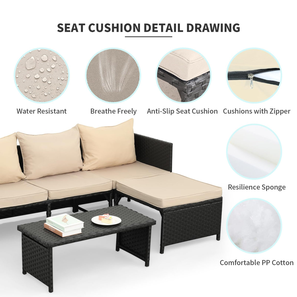 Valita 3-Piece Outdoor PE Rattan Furniture Set Patio Black Wicker Conversation Loveseat Sofa Sectional Couch Khaki Cushion Valita