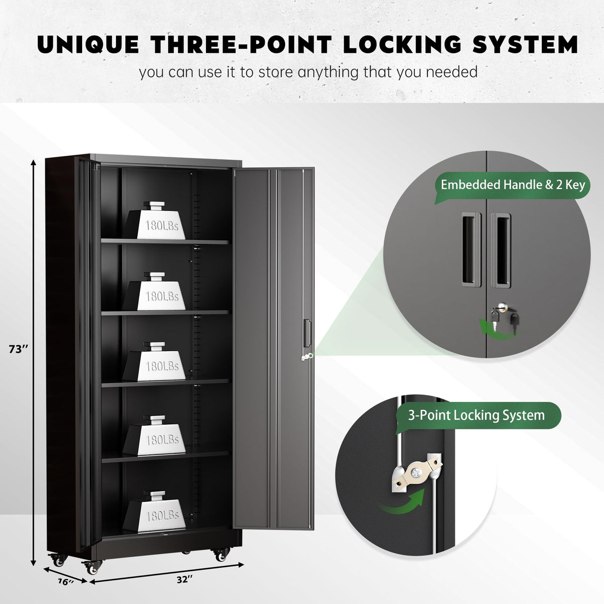 Greenvelly Metal Garage Storage Cabinet with Wheels, 73" Black Lockable Rolling Storage Cabinet with Doors and 4 Adjustable Shelves, Large Lockable Steel Cabinets for Garage, Office, Home, School Greenvelly
