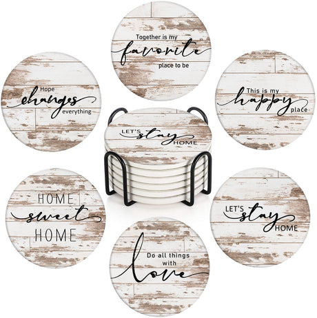 Bribay Coasters for Drinks Set of 6, Vintage Rusty Wood Farmhouse Home Happy Saying Absorbent Round Ceramic Stone Mat, with Cork Base and Metal Holder, Gift for Housewarming Room Bar Decor Bribay