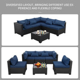 Rattaner Patio Sectional 6 Pieces All-Weather Wicker Patio Furniture Set Outdoor Sectional with Glass Patio Table Non-Slip Cushions and Waterproof Covers, Navy Blue Rattaner
