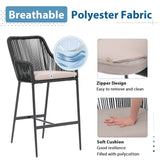 JOIVI Wicker Bar Stools Set of 2, Patio Outdoor Rattan Rope Bar Height Chairs with Cushions, Armrest and Footrest for Indoor, Garden, Poolside, Lawn, Backyard, Black JOIVI