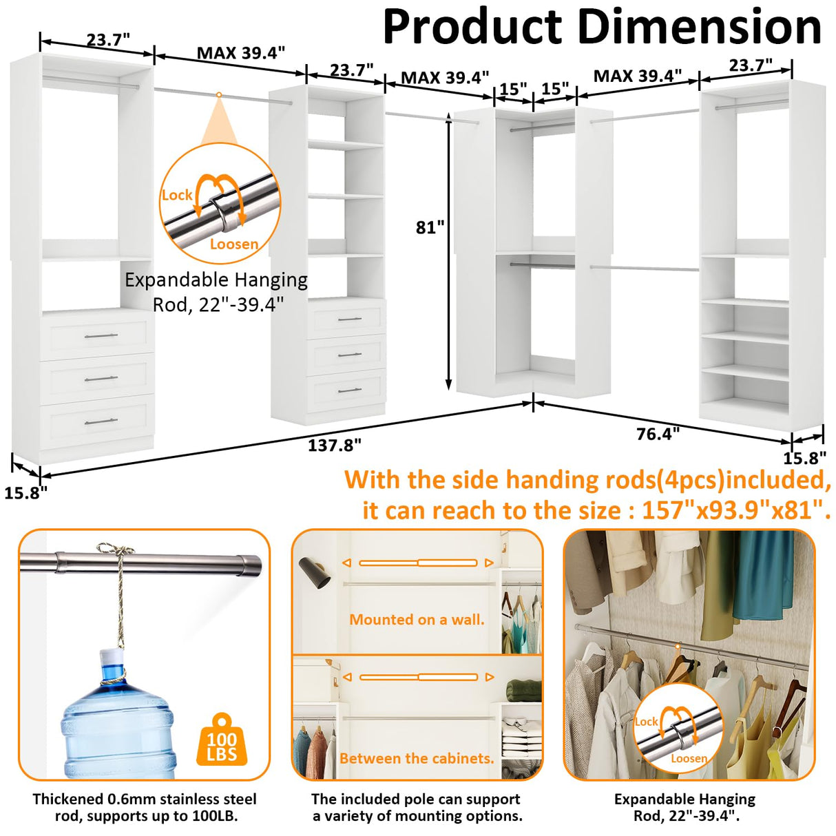 Vomavex Closet System with 4 sets, 101.9" Closet Organizer Systems with 6 Drawers & 8 Hanging Rods & Adjustable Shelves, Walk in Closet Standing Closet System, Corner Closet System Set, White vomavex