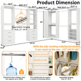 Vomavex Closet System with 4 sets, 101.9" Closet Organizer Systems with 6 Drawers & 8 Hanging Rods & Adjustable Shelves, Walk in Closet Standing Closet System, Corner Closet System Set, White vomavex
