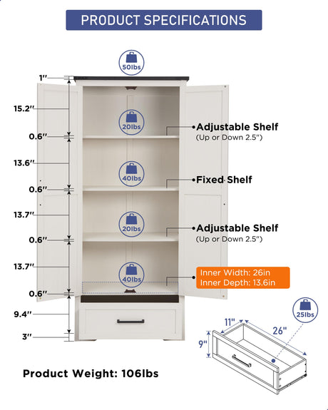 JXQTLINGMU 72" Tall Farmhouse Kitchen Pantry with Adjustable Shelves, Large Wood Kitchen Storage Cabinets with 2 Barn Doors & Drawer, Versatile Storage for Dining Room, Bathroom, Antique White JXQTLINGMU
