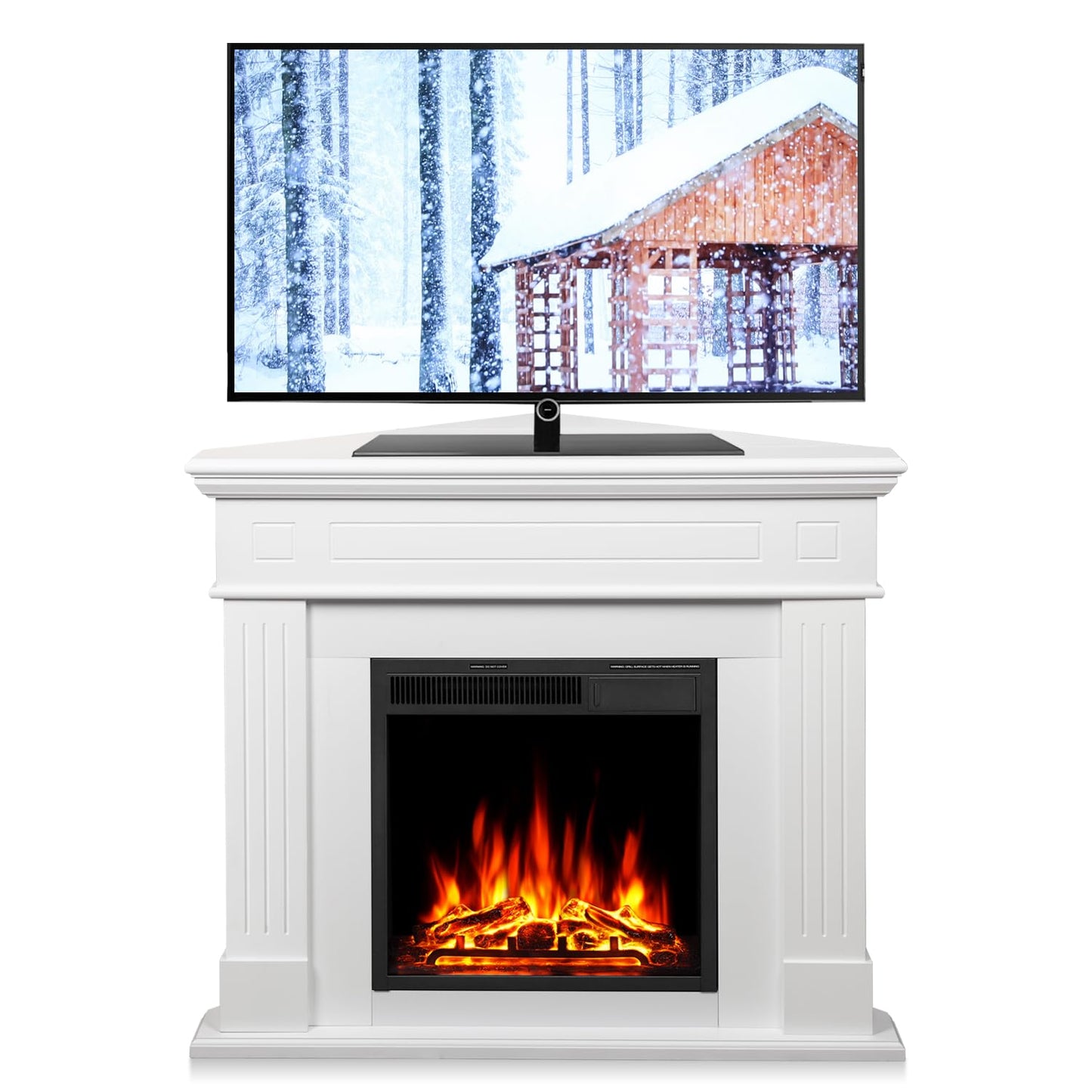 R.W.FLAME 43” Corner Electric Fireplace Mantel Wooden Surround Firebox, TV Stand with Freestanding Electric Fireplace, Remote Control, Adjustable Led Flame, 750W/1500W Pearl White