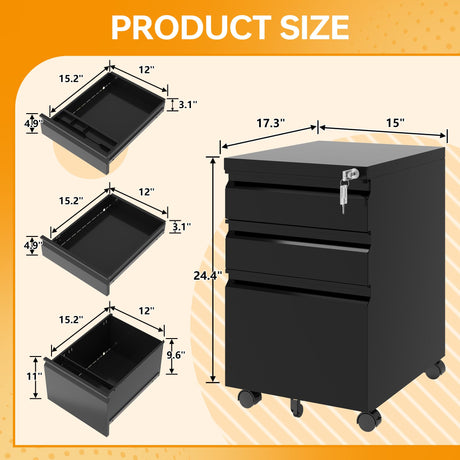 STANI 3 Drawer Mobile File Cabinet with Lock Under Desk Metal Filing Cabinet Locking Office Mobile Cabinet with Wheels Under Desk Office Drawers Rolling Mobile File Cabinet Assembly Required Black STANI