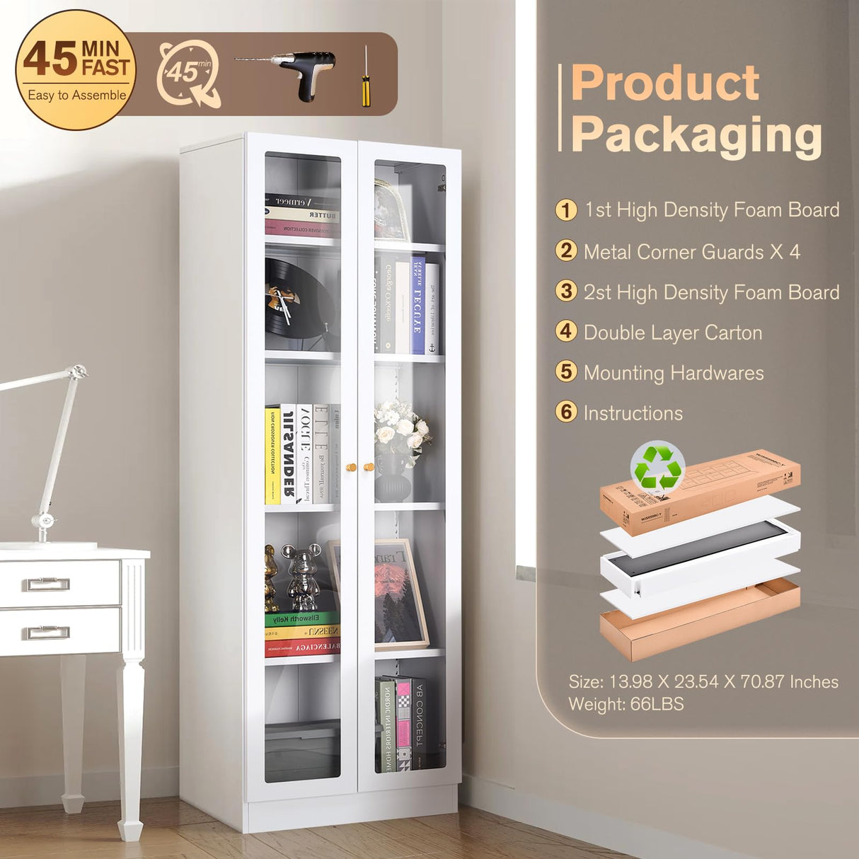 Alvisyd 5 Tier Metal Curio Cabinets, Modern Bookshelf Cabinet with 4 Adjustable Shelves, Cabinet Display Case for Home Office, Living Room, Pantry (White-23.54W) Alvisyd