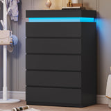 BTHFST 5 Drawers Black Tall Dresser with LED Lights, Modern Tall LED Organizer for Bedroom, Wooden Tall Chest of Drawers with Large Capacity for Bedroom, Closet, Hallway BTHFST