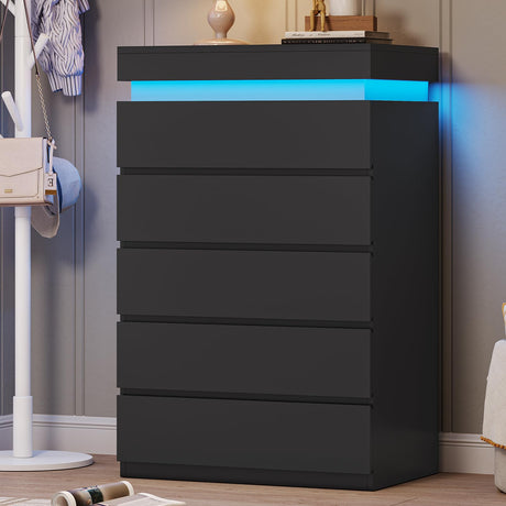 BTHFST 5 Drawers Black Tall Dresser with LED Lights, Modern Tall LED Organizer for Bedroom, Wooden Tall Chest of Drawers with Large Capacity for Bedroom, Closet, Hallway BTHFST