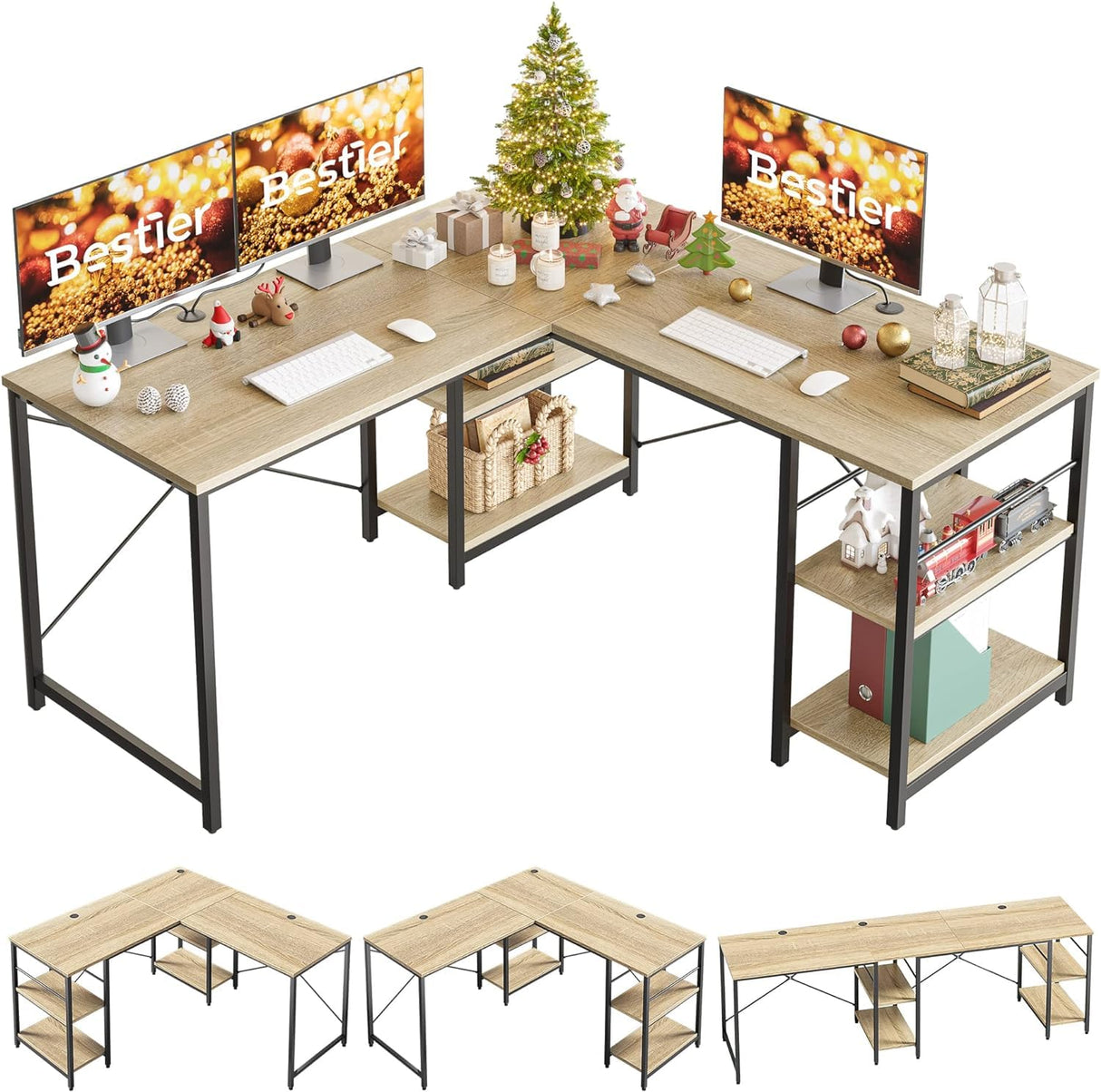 Bestier 95.2” L Shaped Desk, Reversible Corner Computer Desk or 2 Person Long Table with Adjustable Shelves, Large Writing Study Workstation with 3 Cable Holes - Oak Bestier