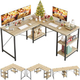 Bestier 95.2” L Shaped Desk, Reversible Corner Computer Desk or 2 Person Long Table with Adjustable Shelves, Large Writing Study Workstation with 3 Cable Holes - Oak Bestier