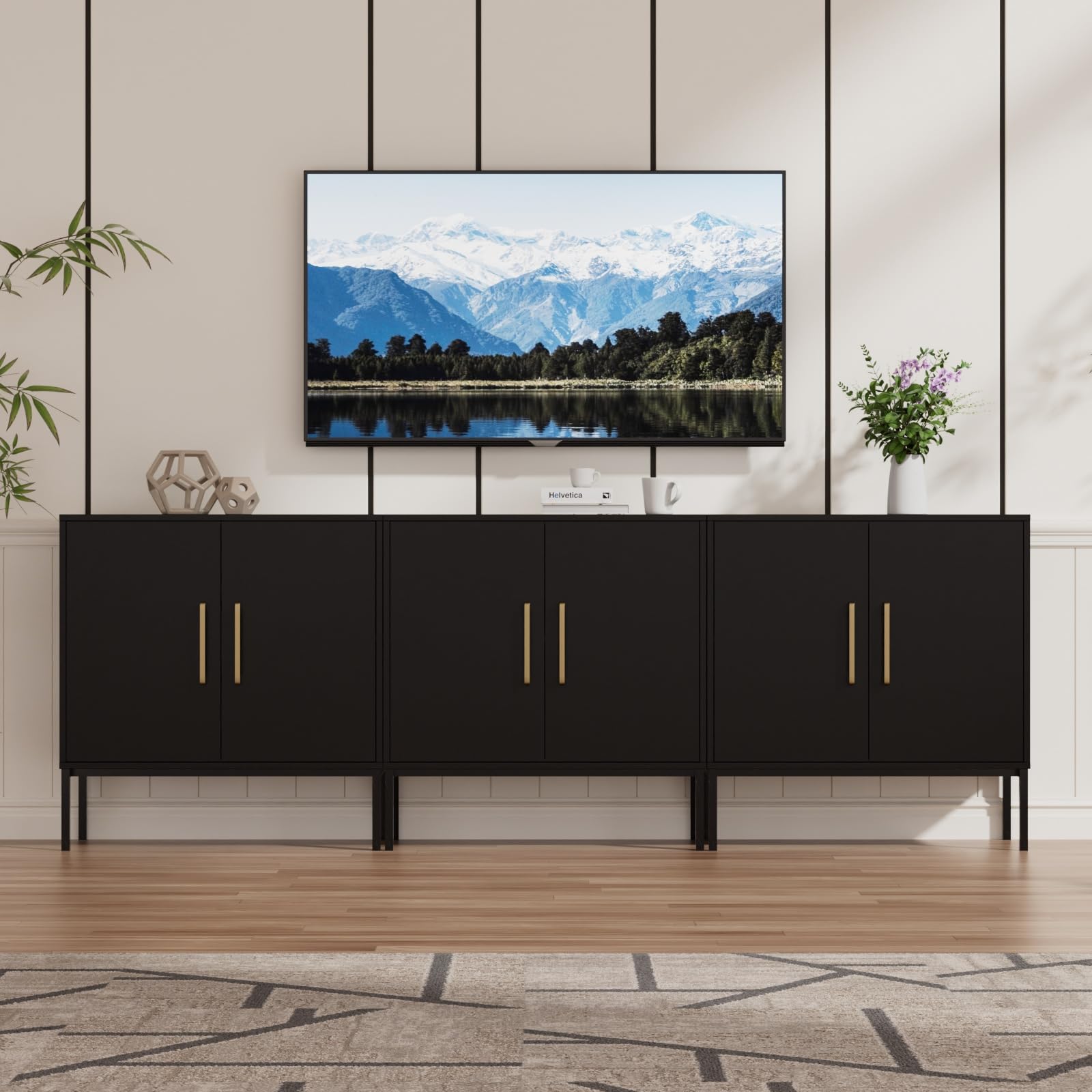 JOZZBY Set of 3 Storage Cabinet, Freestanding Sideboard with Double Doors, Modern Wooden Sideboard, Black Side Cabinets for Bedroom, Living Room, Kitchen, Office and Hallway 3 PC - WoodArtSupply