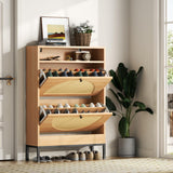 Gyfimoie Rattan Shoe Cabinet with 2 Flip Drawers, Free Standing Narrow Shoe Storage Organizer with Top Cubby, Slim Shoe Rack Cabinet for Entryway, Natural (Natural) Gyfimoie