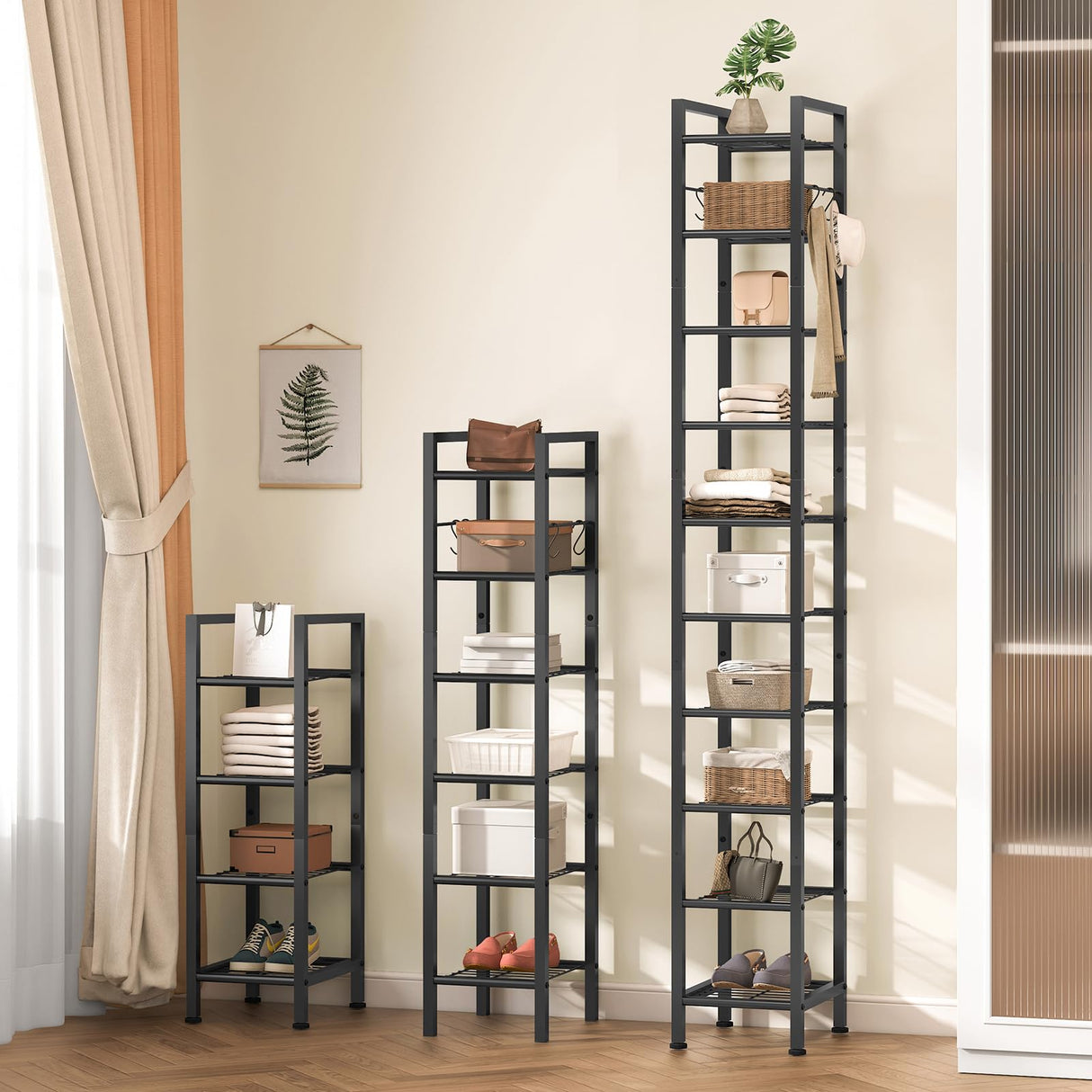 USIKEY 10 Tiers Narrow Shoe Rack for 10-20 Pairs - Sturdy Metal Tall Shelf With 4 Hooks, Slim Storage Organizer, Space Saving Vertical Design for Entryway, Closets - Black usikey