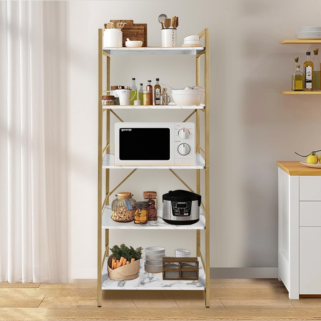 AT-VALY 5-Tier Bakers Rack with Storage Shelf,Free Standing Kitchen Storage Shelf Rack 23.6 L x 15.7 W x 62.6 H (Gold) AT-VALY