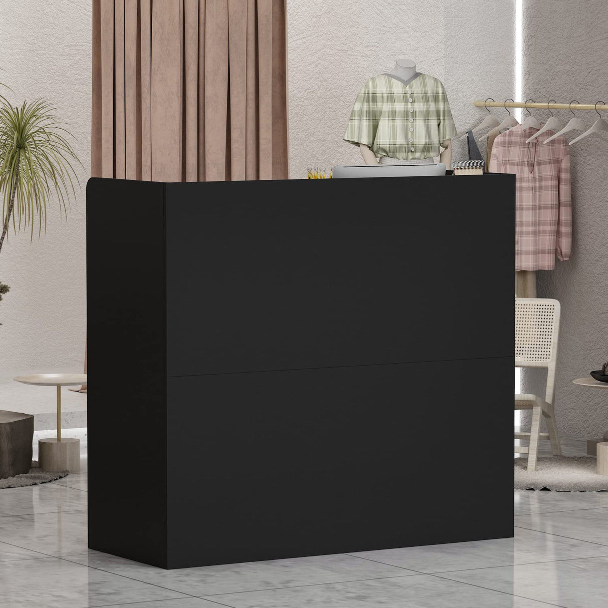 AIEGLE Reception Desk with Drawers & Storage Shelves, Table with Private Panels, for Salon Reception Room Checkout Office, Black (47.3" L x 18.3" W x 43.3" H) AIEGLE