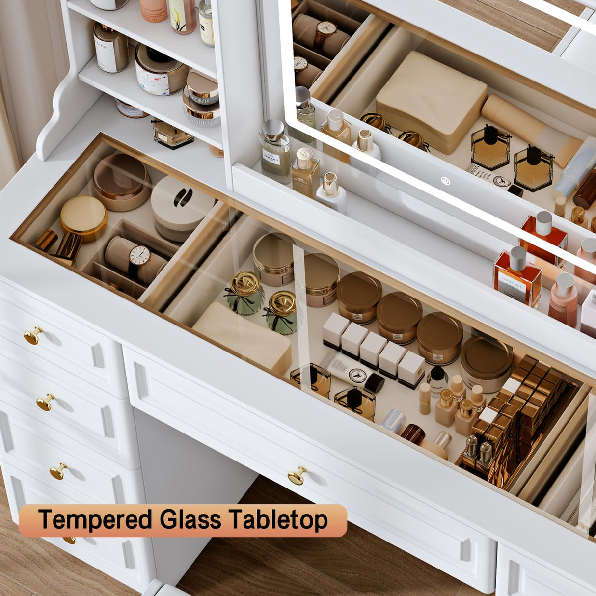 Arulvmrn 42" Makeup Vanity Desk with Mirror and Lights, & Power Outl, Glass Top Big Vanity Table with 9 Drawers& 8 Storage Shelves, Dressing Table Set with Chair for Bedroom, White Arulvmrn