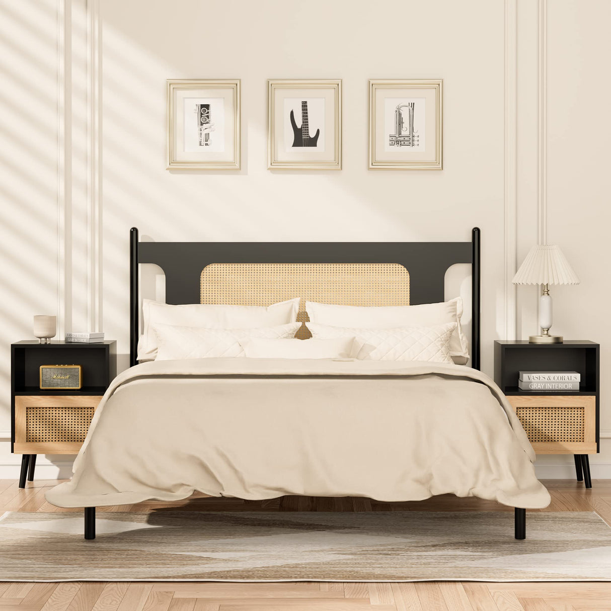 Anbuy Rattan Nightstand Set of 2, Wooden End Side Table, Bedside Table with Open Storage Shelve and Door, Night Stands for Bedroom Living Room 2-Pack Anbuy