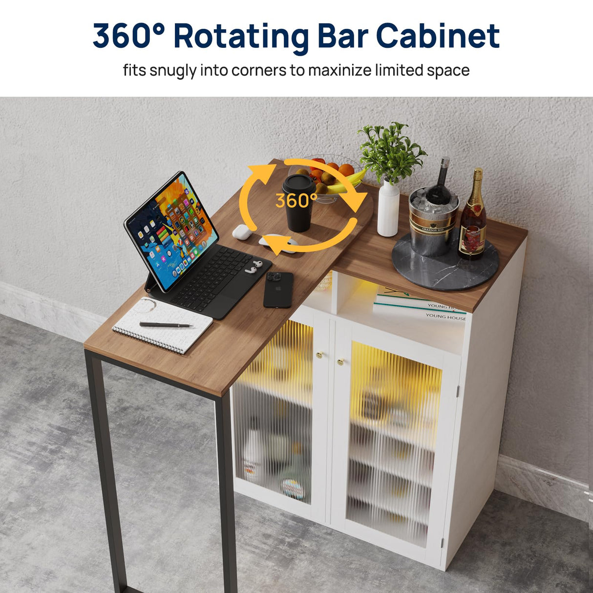 amzzar Wine Bar Cabinet with LED Lights, Small Liquor Cabinet for Home with Glass Holders and Wine Racks, Mini Home Bar with Power Outlet, Modern Rotating Coffee Bar Table for Office (White) amzzar