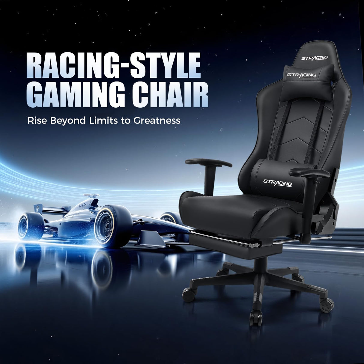 GTRACING Gaming Chair with Footrest, Racing Style Computer Chair for Adult, Adjustable Reclining Backrest and Lumbar Support, Stylish High Back Chair for Gaming and Office (Black) GTRACING