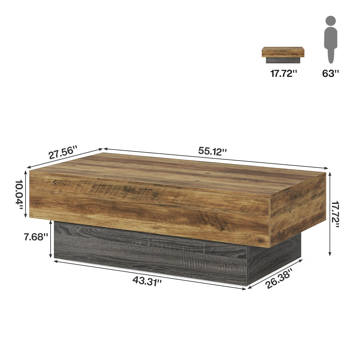 Tribesigns Farmhouse Wood Coffee Table, 55-Inch Rectangle Large Tea Table with Grey Base, Vintage Center Table for Living Room, Reception Area of Office, Rustic Brown & Grey Tribesigns