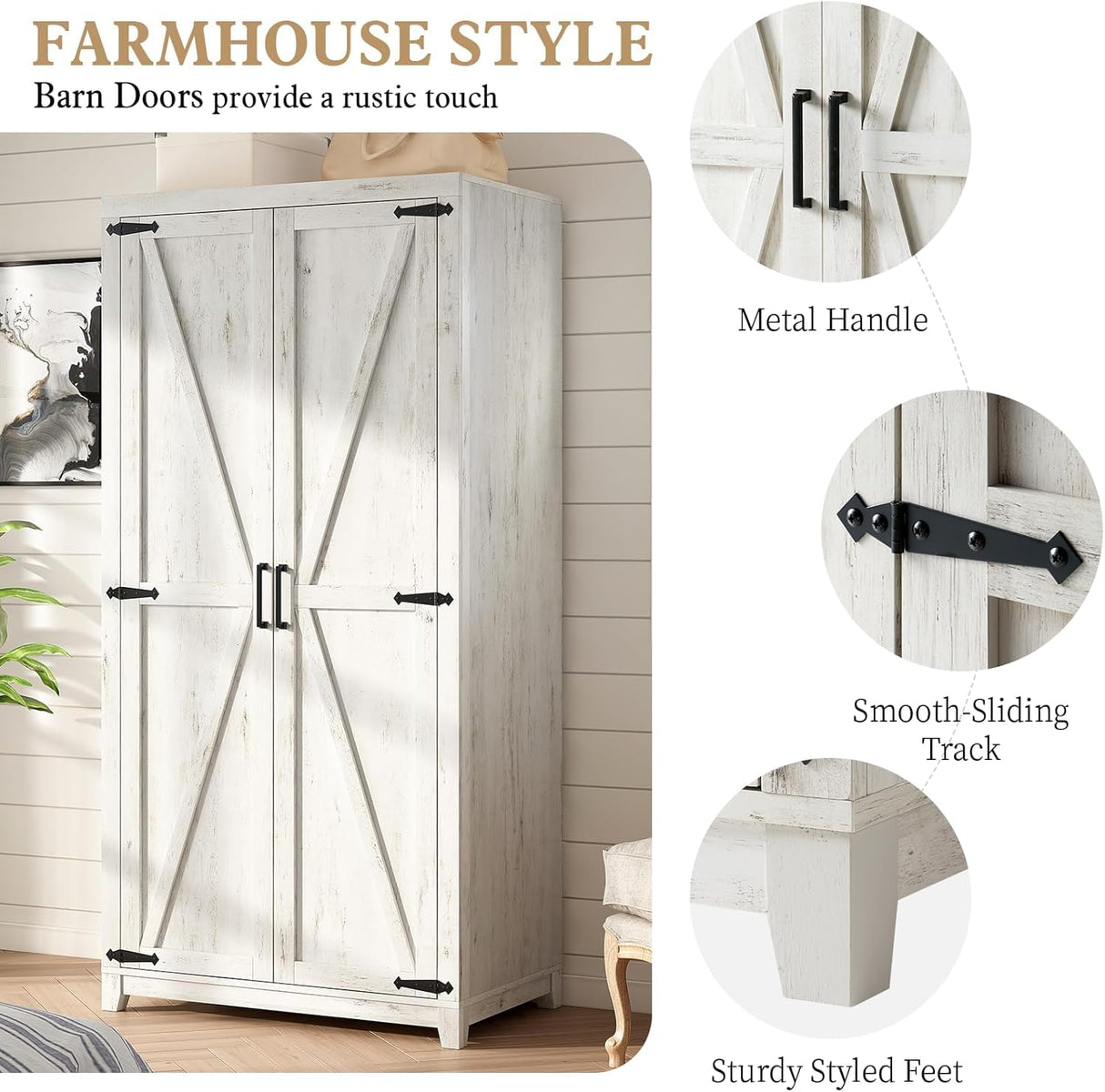 LUXOAK 70" Large Armoire Wardrobe Closet Set of 2 with Hanging Rod, Farmhouse Clothing Storage Cabinet with 2 Barn Doors, Wooden Tall Bedroom Armoires with Shelf, Distressed White LUXOAK