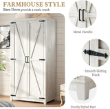 LUXOAK 70" Large Armoire Wardrobe Closet Set of 2 with Hanging Rod, Farmhouse Clothing Storage Cabinet with 2 Barn Doors, Wooden Tall Bedroom Armoires with Shelf, Distressed White LUXOAK