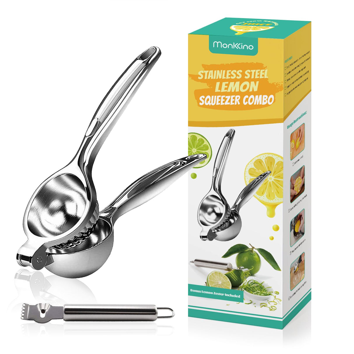 Monkkino Lemon Squeezer, Lemon Squeezer Juicer, Citrus Juicer Handheld, Lemon Juicer, Stainless Steel Juicer Hand Press, Manual Citrus Press w/Zester MONKKINO