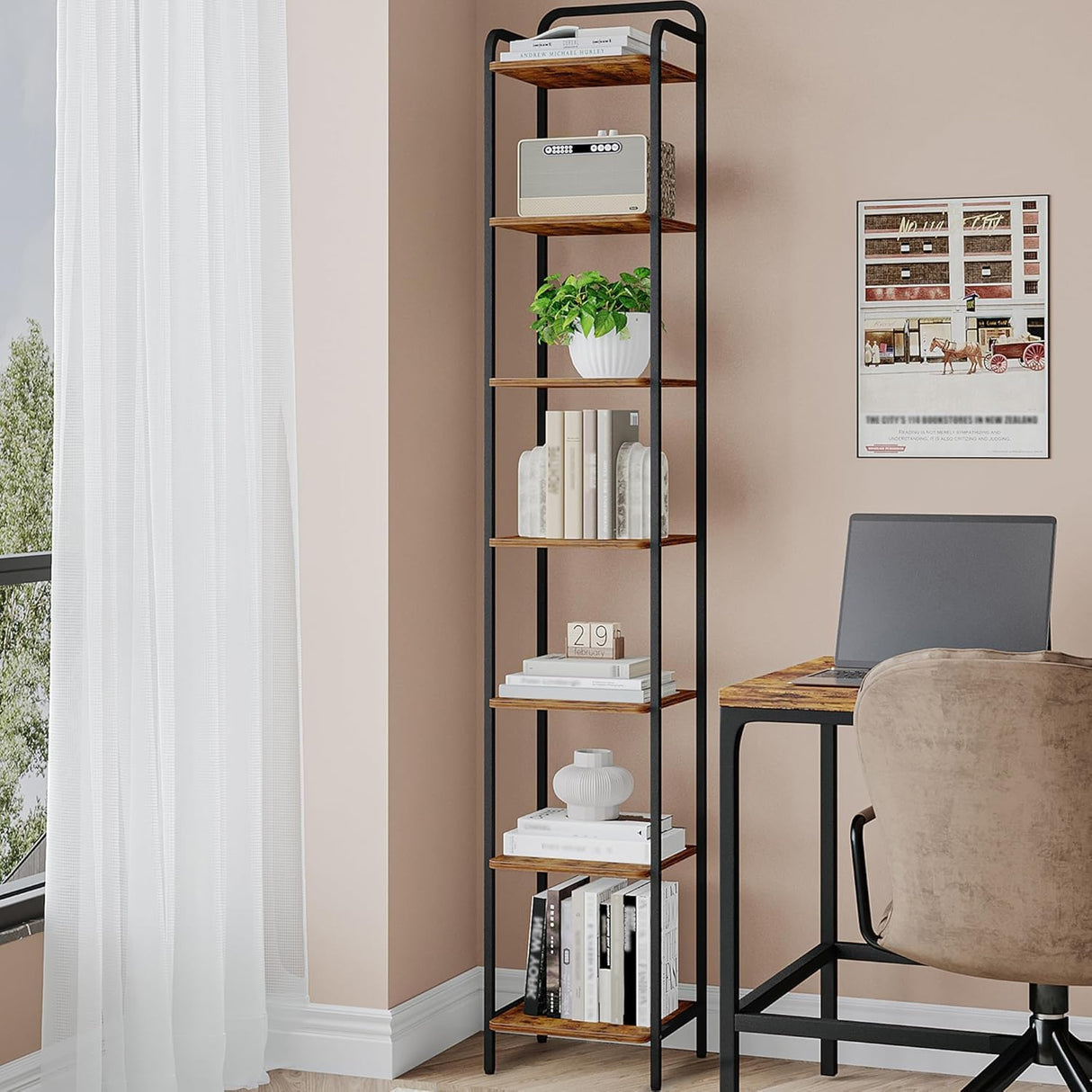 Hzuaneri Bookcase Bookshelf, Narrow Book Shelf, Industrial Corner Shelf Storage Organizer, Slim Shelving Unit for Home Office, Living Room, Bedroom, Kitchen, 7-Tier Rustic Brown and Black BC24701B Hzuaneri