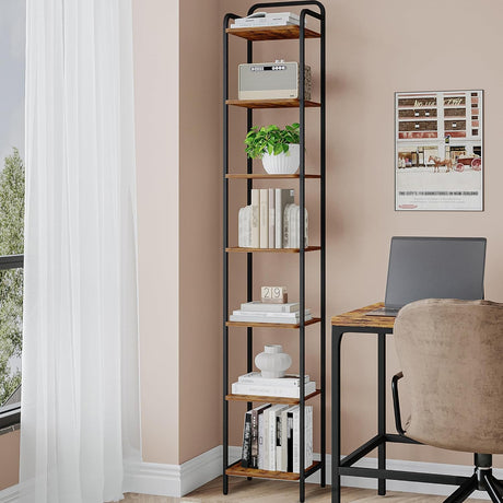 Hzuaneri Bookcase Bookshelf, Narrow Book Shelf, Industrial Corner Shelf Storage Organizer, Slim Shelving Unit for Home Office, Living Room, Bedroom, Kitchen, 7-Tier Rustic Brown and Black BC24701B Hzuaneri