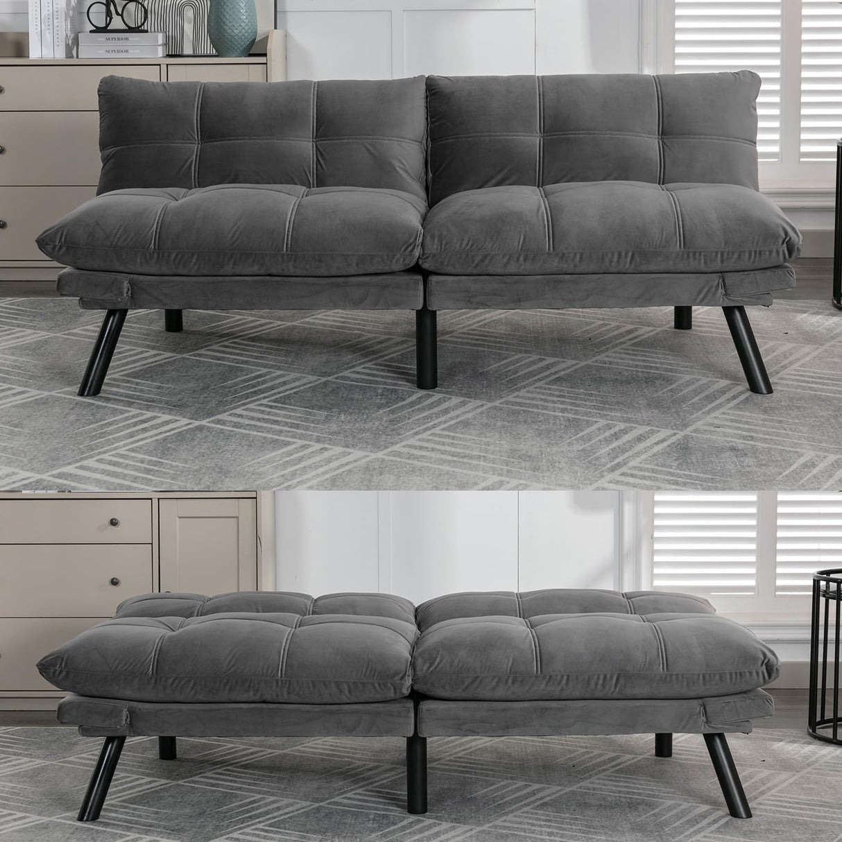 Modern Velvet Convertible Folding Futon Couch Sofa Bed Adjustable Pillow Top Arm Memory Foam Couch Double Loveseat Sofa for Compact Living Space,Dorm,Game Studio,Apartment,Bedroom (Light Grey) Klwenas Maec